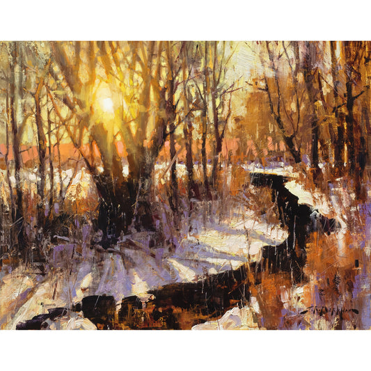 Winter landscape painting of river running through snow landscape at sunset. Sun shining through trees. Canvas prints available.