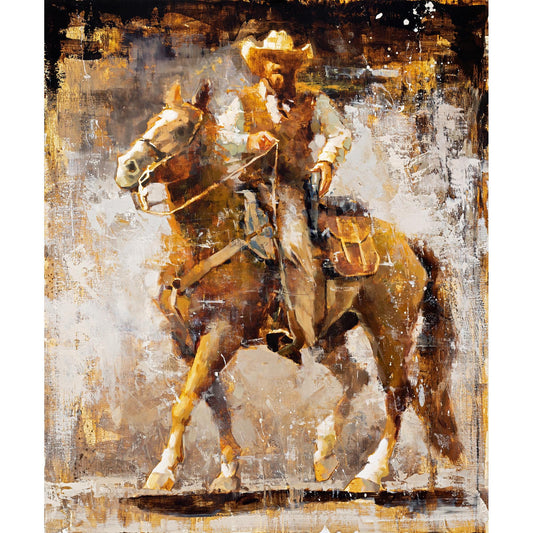 Cowboy art canvas print from original oil painting by Jerry Markham. Cowboy with gun on horse western wall art decor - available in multiple sizes and frame options.