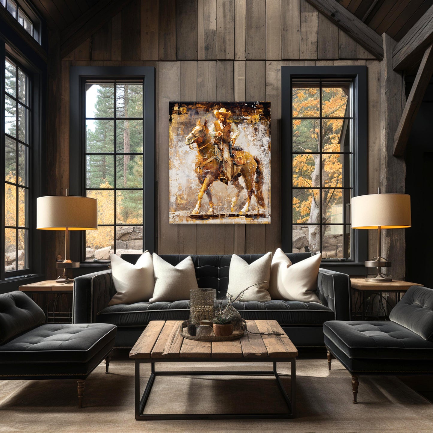 Cowboy art canvas print from original oil painting. Cowboy with gun on horse western wall art available in multiple sizes. Shown in modern ranch house decor.