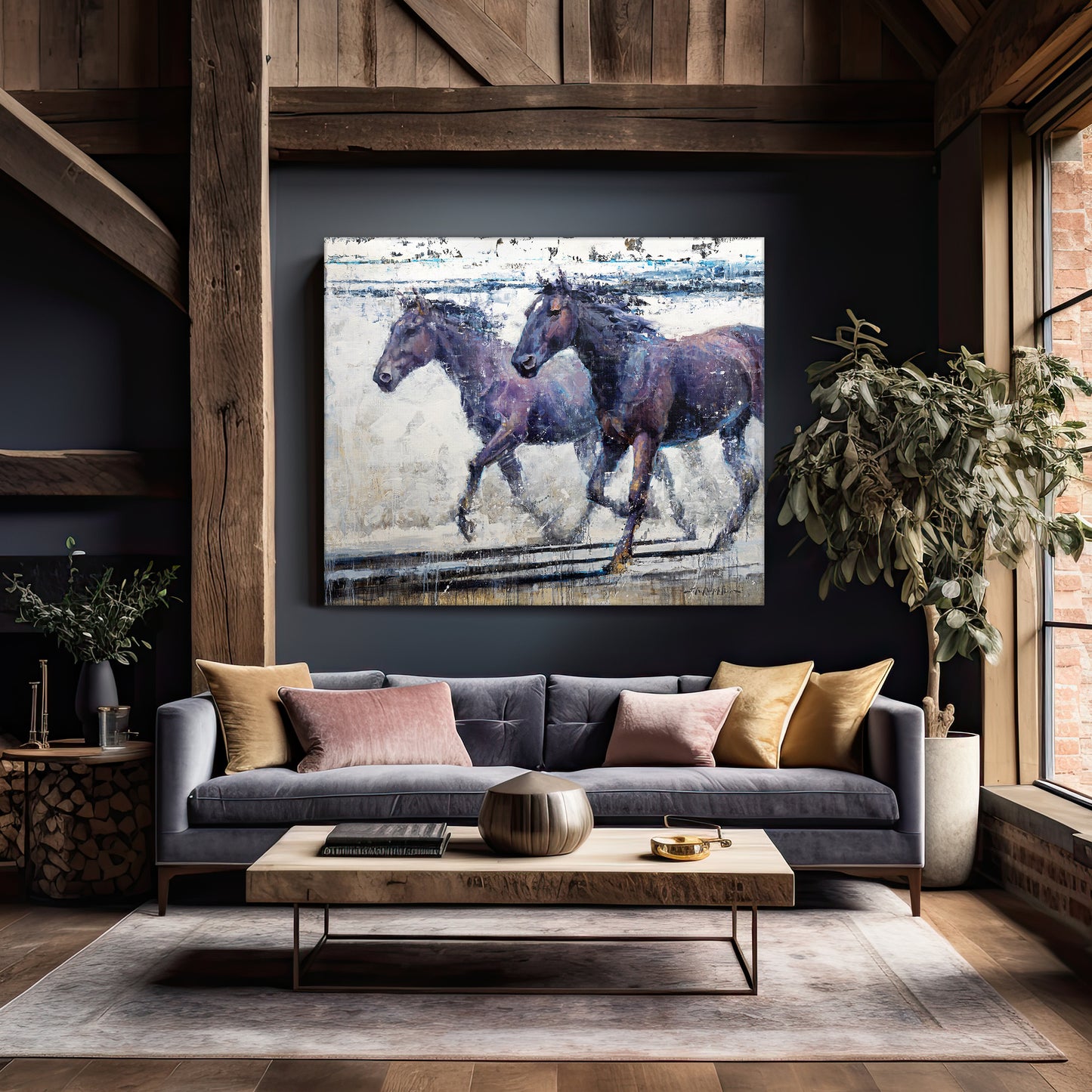 Horse painting of two dark horses running. Modern horse art impressionist available as limited edition canvas print in multiple sizes.