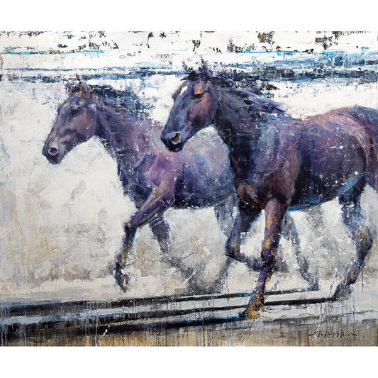 Painting of 2 dark horses running with white background available as a giclee canvas print for large wall art decor. Modern contemporary painting of horses.