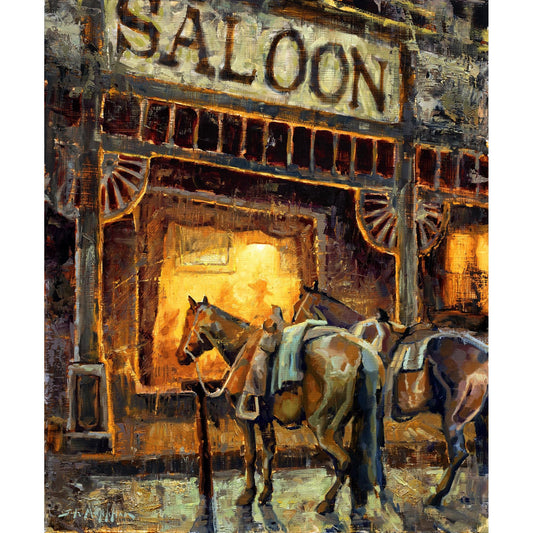 Saloon western art canvas print from original oil painting by artist Jerry Markham. Western wall art saloon at night with horses waiting outside - available in multiple sizes and frame options.