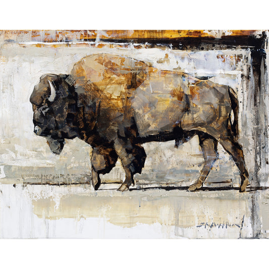 Painting print of buffalo painting by artist Jerry Markham. Loose and impressionistic painting in brown and grey tones of an american bison. This wildlife art available as a canvas print. Modern wall art print for country ranch or modern home decor.