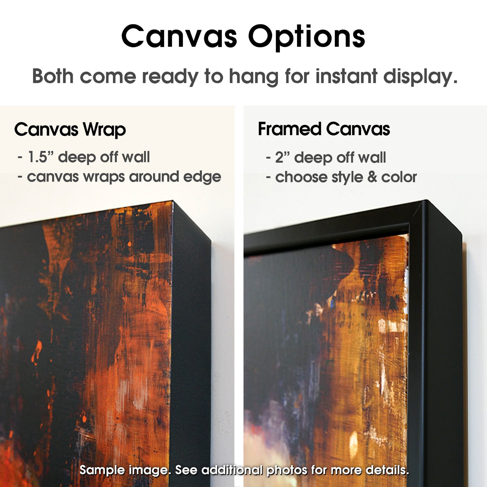 Canvas print options for wall art including a canvas wrap or framed canvas print