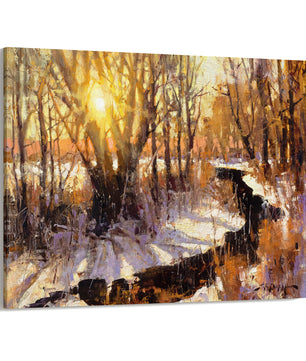 Landscape painting of river through snowy winter landscape at sunset. White, brown, yellow colors. This wall art available as giclee canvas print in multiple sizes.