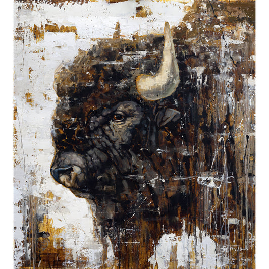 Contemporary black and white painting of a buffalo head by artist Jerry Markham - available as a limited edition giclee canvas print in multiple sizes