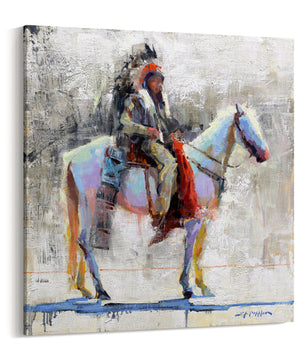 Native american man on horse western wall art canvas print from original oil painting by artist Jerry Markham. Canvas print available in multiple size. Modern white black red blue colors. Large wall art print.