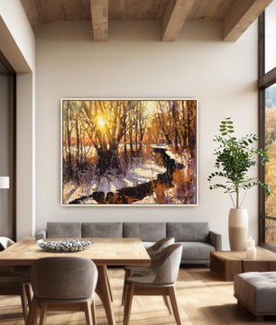 Sunset art winter landscape painting available as canvas print in multiple sizes. Yellow white gold colors. This nature wall art is shown with natural wood frame.