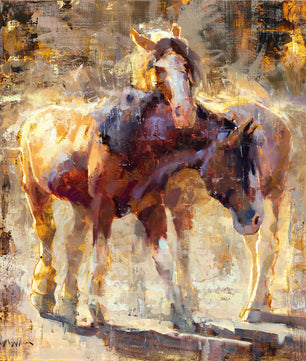 Painting of 2 brown horses by artist Jerry Markham. This wall art available as limited edition giclee canvas print.
