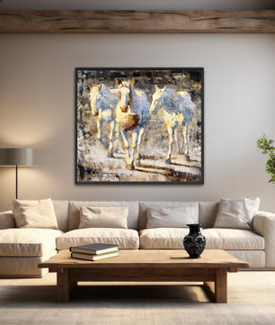 Impressionist painting of three white horses. This wall art available as large giclee canvas print. Sample shown in modern farmhouse decor.