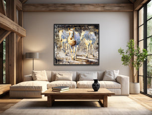 Impressionist painting of three white horses. This wall art available as large giclee canvas print. Sample shown in modern farmhouse decor.