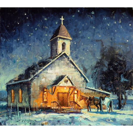 Canvas print of white church lit up at night under starry sky with two horses waiting outside. From original oil painting by Jerry Markham. Religious western wall art. Christian western wall art.