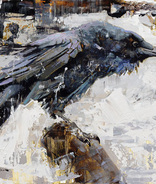 Raven painting available as giclee canvas print. Modern contemporary black and white raven wall art