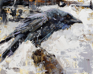 Raven painting available as giclee canvas print. Modern contemporary black and white raven wall art