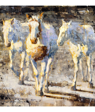 Painting of three white horses available as canvas print wall art by Jerry Markham.