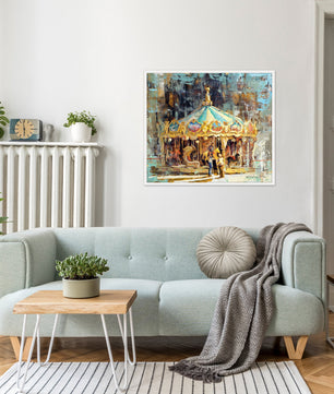 Canvas print of carousel merry go round painting shown on farmhouse country living room wall.