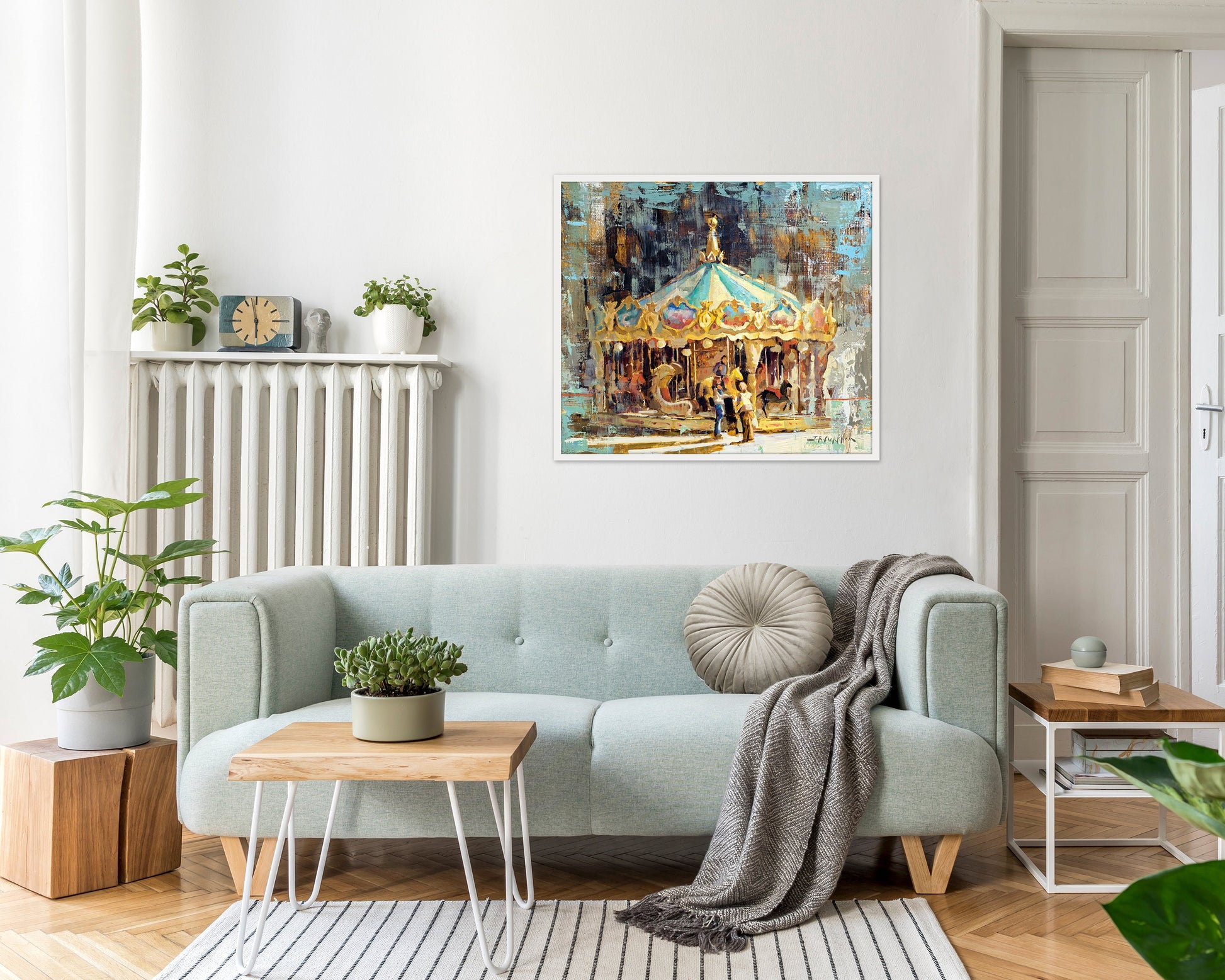 Canvas print of carousel merry go round painting shown on farmhouse country living room wall.