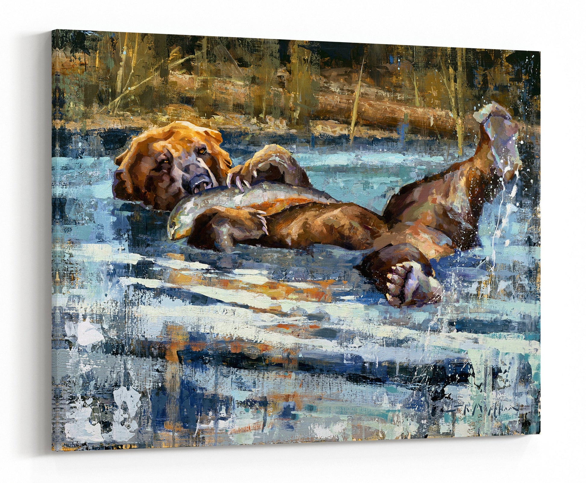 Artwork of a grizzly bear laying in water with a fish he caught. Canvas print from original oil painting by artist Jerry Markham.