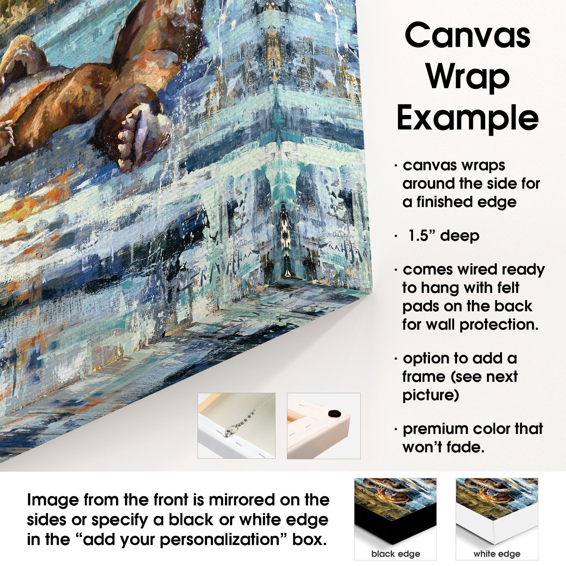 Details of canvas wrap print presentation for wall art