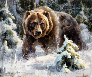 Wall art of a grizzly bear in snowy winter landscape. Canvas print from original oil painting by artist Jerry Markham.