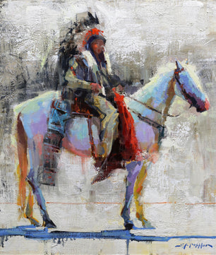 Native american man on horse wall art canvas print from original oil painting by artist Jerry Markham. Available in multiple sizes and frame options. Western wall art decor contemporary painting.