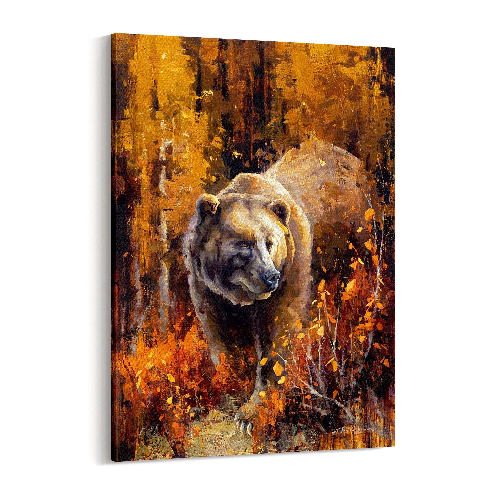 Vertical canvas print wall art decor of brown grizzly bear in fall landscape of yellow trees and red bushes. Available in multiple sizes.