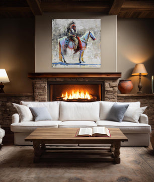 Native american man on horse western wall art canvas print from original oil painting by artist Jerry Markham. Available in multiple sizes and frame options. Shown as large wall art canvas wrap in modern farmhouse decor.