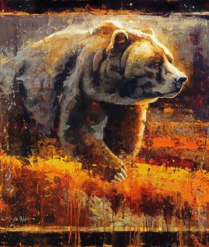 Large wall art canvas print of a grizzly bear in fall at sunset. This grizzly bear wall art available in multiple sizes.
