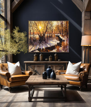 Sunset art winter landscape painting available as canvas print in multiple sizes. Yellow white gold colors. This nature wall art is shown with espresso frame.