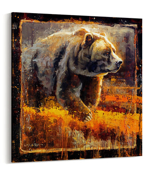 Artwork of a grizzly bear in fall field and glowing from light at sunset. Canvas print from original oil painting by artist Jerry Markham.