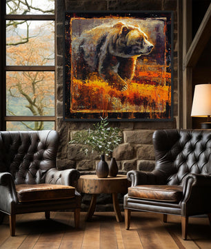 Grizzly bear wall art canvas print from original oil painting by Jerry Markham showing bear in fall field and glowing from light at sunset. Shown in black frame.