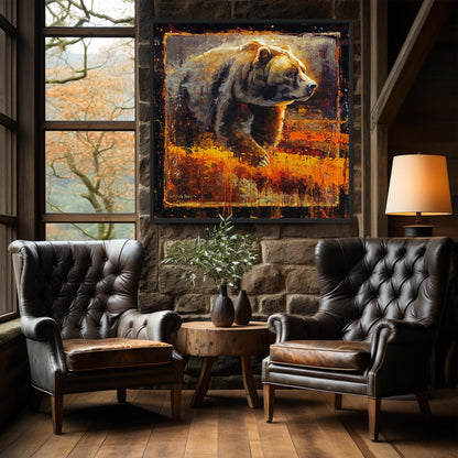 Grizzly bear wall art canvas print from original oil painting by Jerry Markham showing bear in fall field and glowing from light at sunset. Shown in black frame.