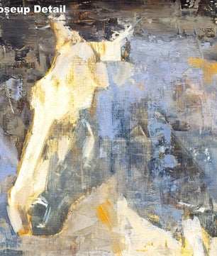 Closeup detail of white horse painting print wall art showing paint brush detail