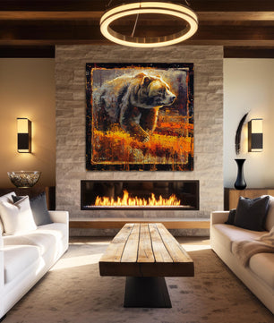 Contemporary impressionist artwork of a grizzly bear at sunset in fall with glowing sun on head. Large wall art canvas print from original oil painting by artist Jerry Markham.