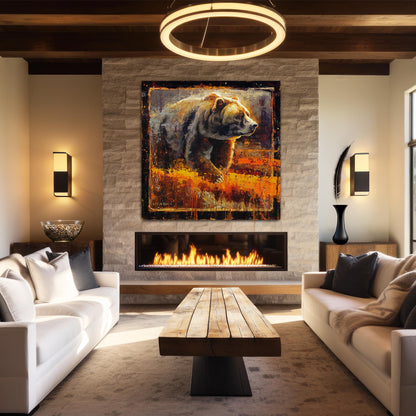 Contemporary impressionist artwork of a grizzly bear in fall with glowing sunlight on head. Large wall art canvas print from original oil painting by artist Jerry Markham.