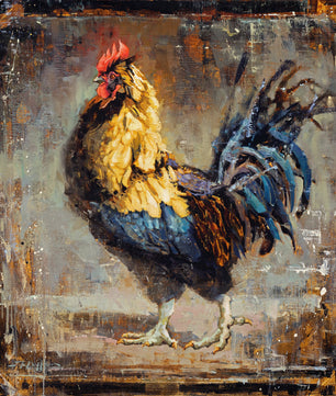 Colorful yellow and blue rooster chicken wall art painting print on canvas.