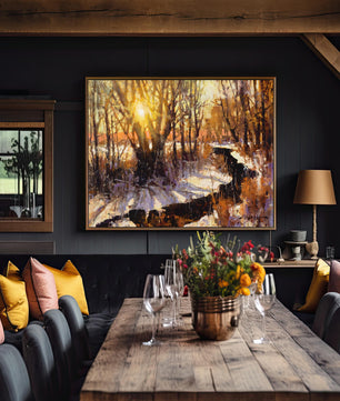 Sunset art winter landscape painting available as canvas print in multiple sizes. Yellow white gold colors. This nature wall art is shown with antique gold frame.