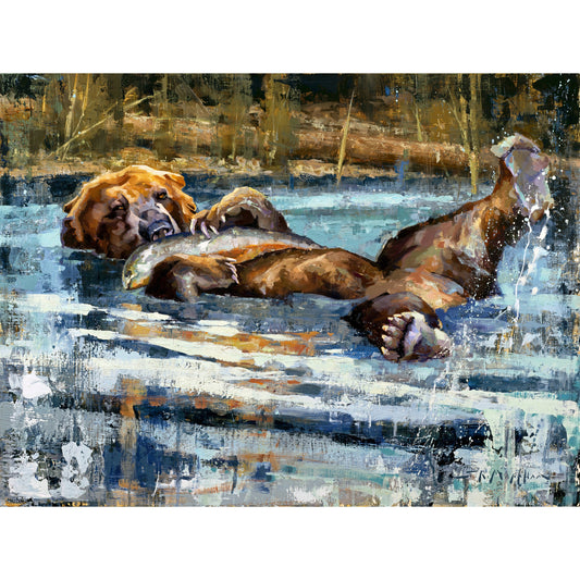 Wall art of a grizzly bear laying in water with a fish he caught. Canvas print from original oil painting by artist Jerry Markham.