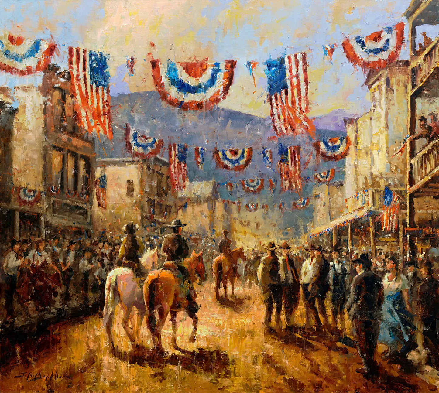 Western art painting of an old western town filled with people and american flags celebrating independence day. This original oil painting by Jerry Markham artist also available as a print at jerrymarkham.com