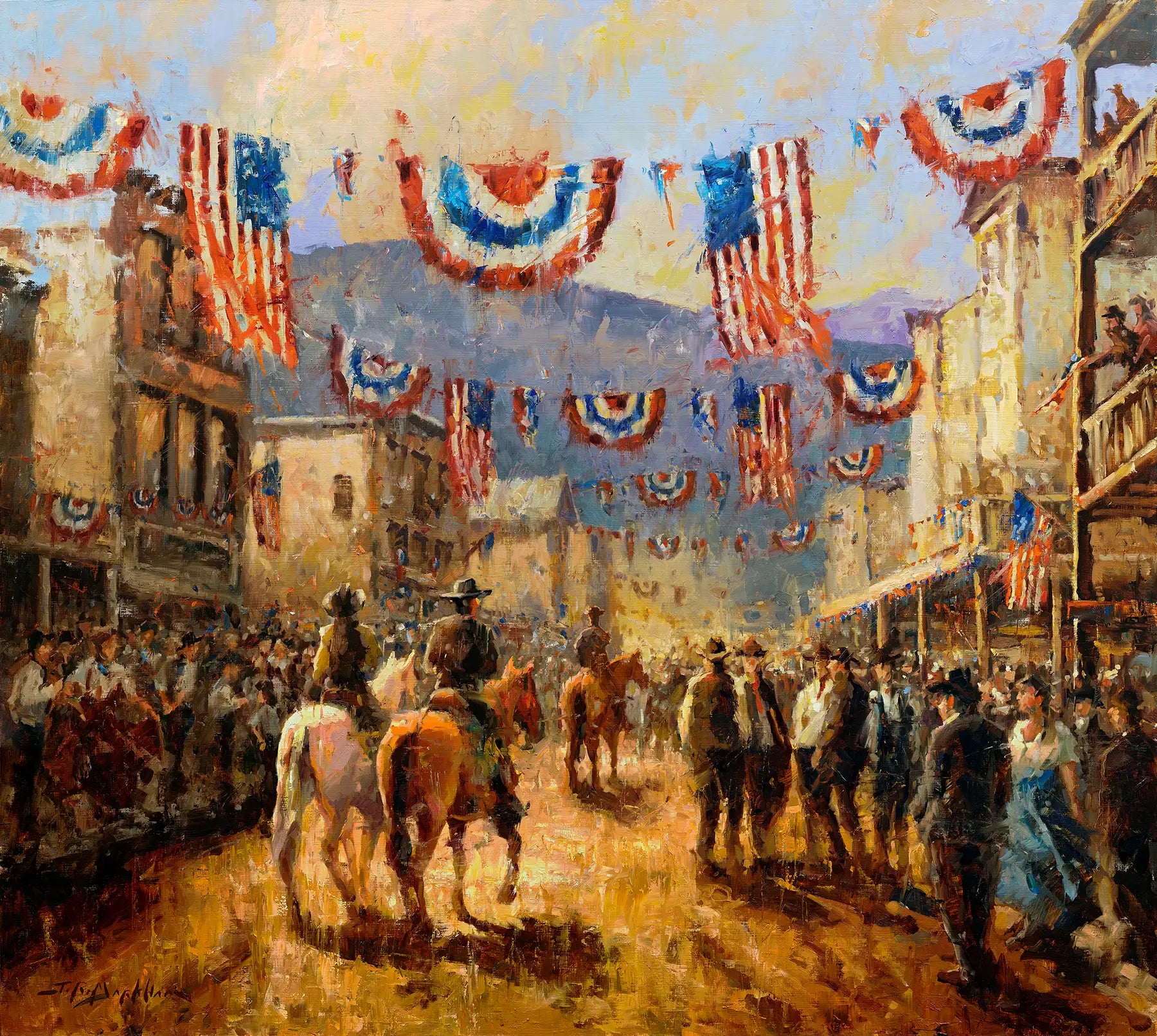 Western art painting of an old western town filled with people and american flags celebrating independence day. This original oil painting by Jerry Markham artist also available as a print at jerrymarkham.com