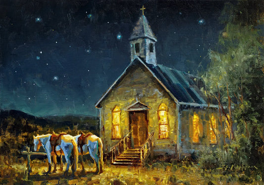 Original oil painting of a rural church lit up at night under a starry sky with two white horses waiting outside. For this and other western art by Jerry Markham artist see jerrymarkham.com.