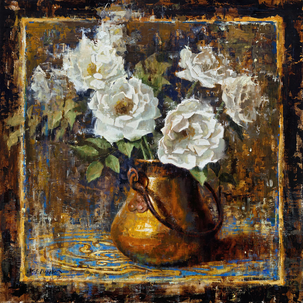 Oil painting of white flowers in a bronze vase on a textured blue and brown background by Jerry Markham artist. This floral art is sold but more original paintings and prints available at jerrymarkham.com