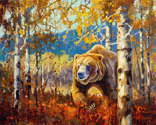 Original oil painting of a grizzly bear in fall landscape by artist Jerry Markham. This wildlife art and more available at jerrymarkham.com