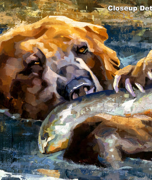 Close up detail of grizzly bear painting wall art showing paint brush stroke detail