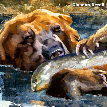 Close up detail of grizzly bear painting wall art showing paint brush stroke detail