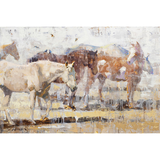 White and tan impressionist painting of horses available as a giclee canvas print for wall art decor.