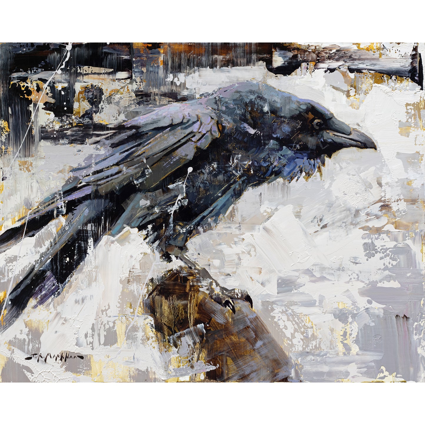 Raven painting available as giclee canvas print in multiple sizes. Modern contemporary black and white raven wall art.