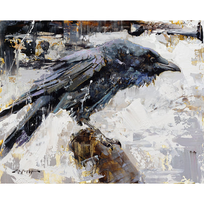 Raven painting available as giclee canvas print in multiple sizes. Modern contemporary black and white raven wall art.
