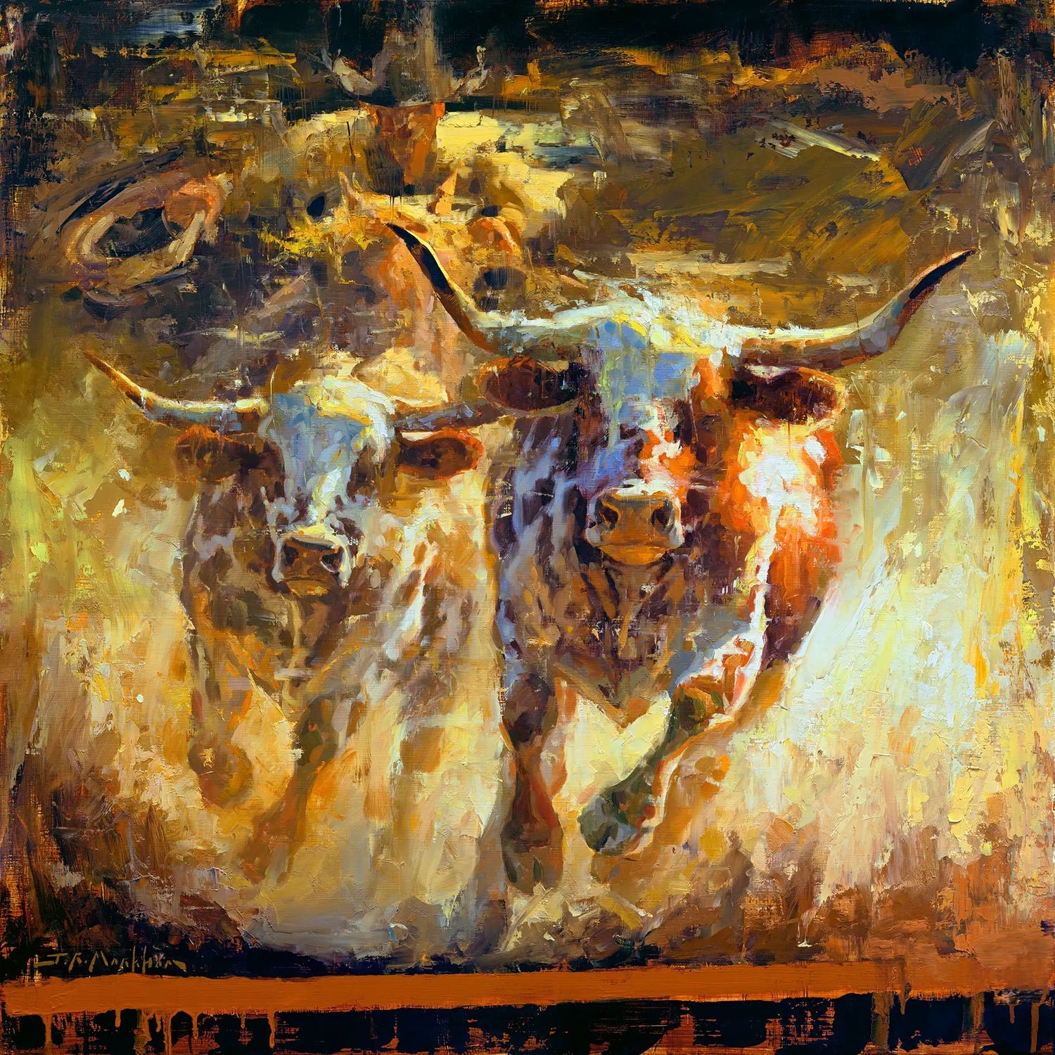 Original oil painting of a cowboy herding cattle in modern loose impressionist style by Jerry Markham artist. This cowboy art and western art for ranch style homes is available at jerrymarkham.com.