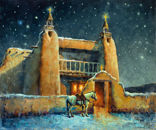 Faithful Friend - 20x24 - Original oil painting of a horse waiting outside of a southwest mission at night by Jerry Markham artist
